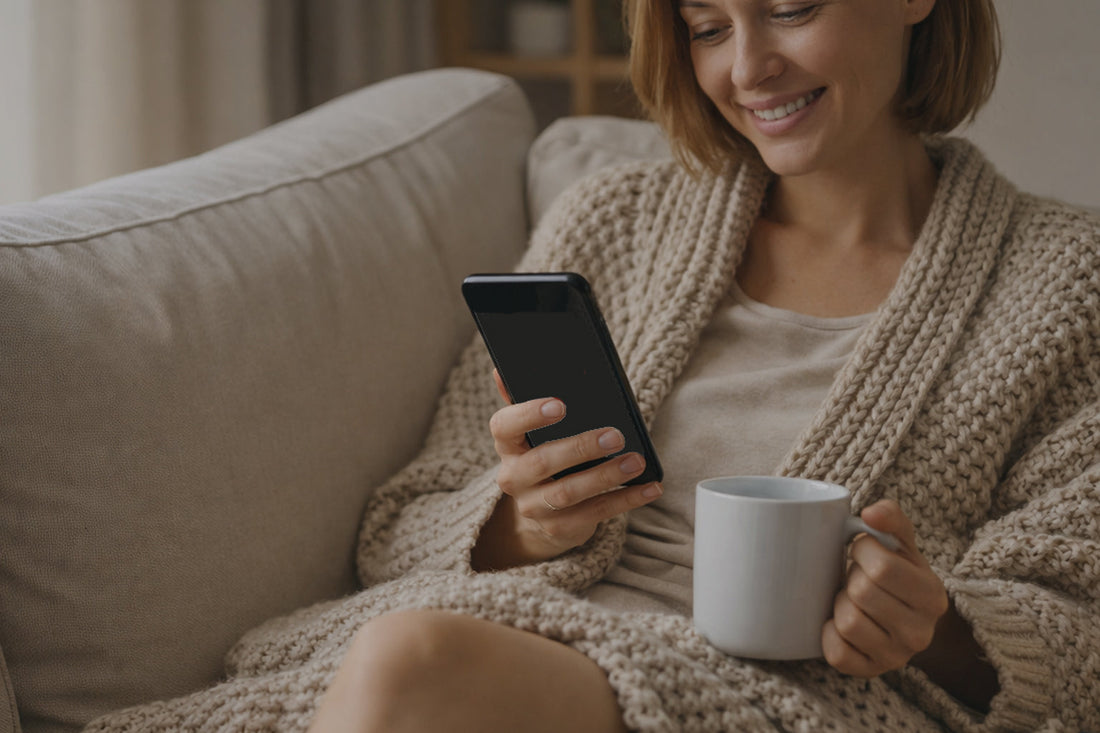 Glückliche Frau Anfang 30 sitzt entspannt auf dem Sofa, schaut auf ihr Smartphone mit Dating-Icon und hält eine Kaffeetasse in der Hand. 