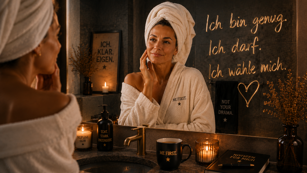 Stimmungsvolles Badezimmer mit einer Frau im Bademantel, die sich lächelnd im Spiegel betrachtet. Das Bild symbolisiert Selbstliebe, Achtsamkeit und die ME FIRST-Haltung von alle-KAPUTT.