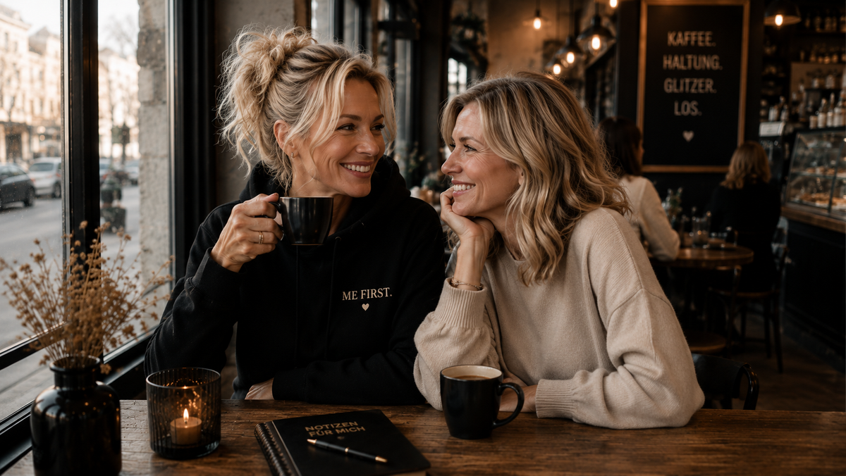 Zwei blonde Frauen sitzen lächelnd in einem stilvollen Café. Eine trägt einen schwarzen ME FIRST Hoodie und genießt gemeinsam mit ihrer Freundin einen Kaffee – Symbol für Freundschaft, Selbstliebe und ein erfülltes Single-Leben. alle-KAPUTT