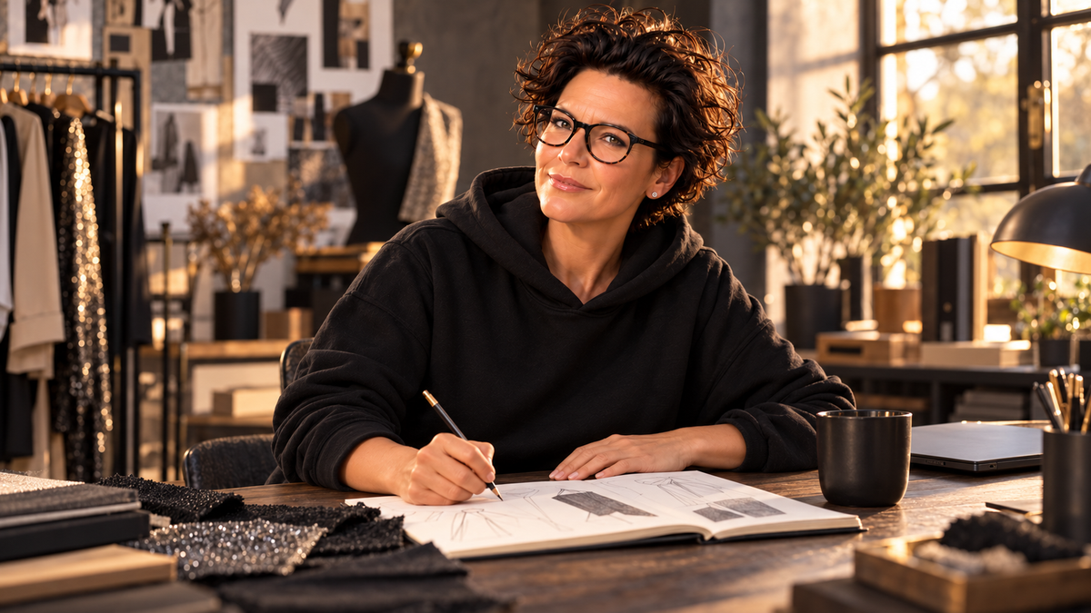 Steffi, Gründerin von alle-KAPUTT, im schwarzen Hoodie an einem Holztisch mit Designskizzen und Stoffmustern im warmen Atelierlicht.