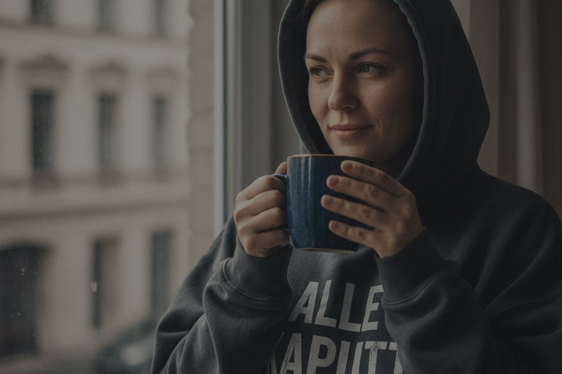 Frau sitzt mit Kaffee am Fenster und lächelt ruhig – Symbol für Selbstbewusstsein und Zufriedenheit im Single-Leben.