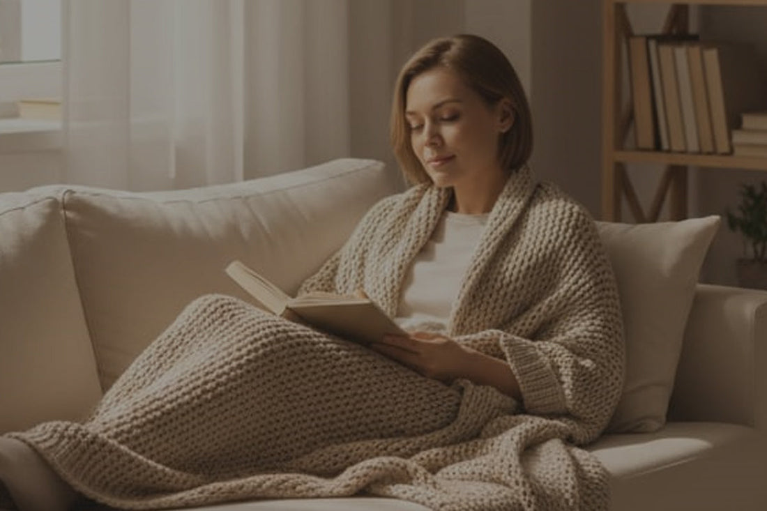 Frau sitzt gemütlich mit Decke und Tee auf dem Sofa – entspannter Moment allein, aber nicht einsam.