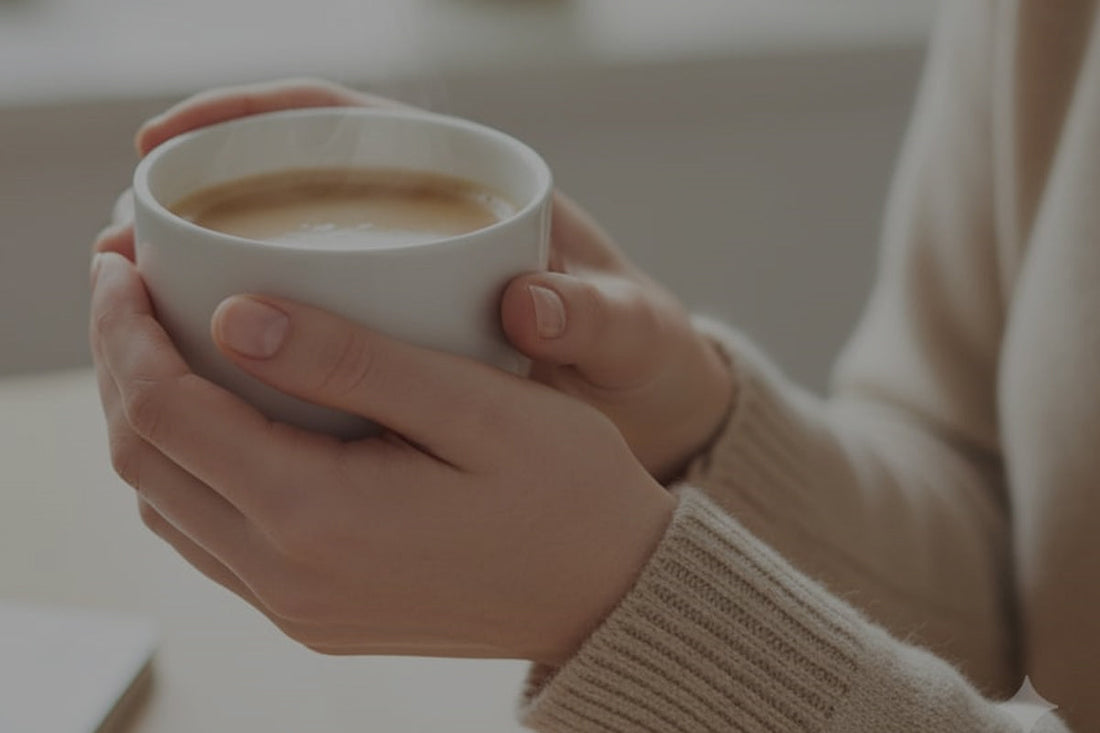 Hände halten eine Kaffeetasse in weichem Licht – Sinnbild für Ruhe, Nähe und Selbstliebe.