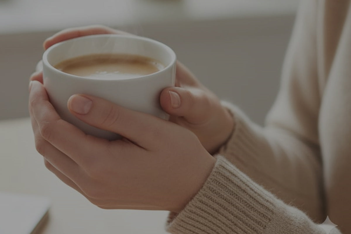 Hände halten eine Kaffeetasse in weichem Licht – Sinnbild für Ruhe, Nähe und Selbstliebe.