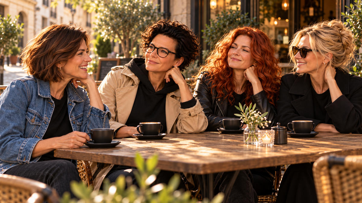 Vier Frauen in schwarzen Oberteilen mit Jeansjacke, Lederjacke und Trenchcoat sitzen bei Kaffee an einem Holztisch auf einer sonnigen Caféterrasse. alle-KAPUTT