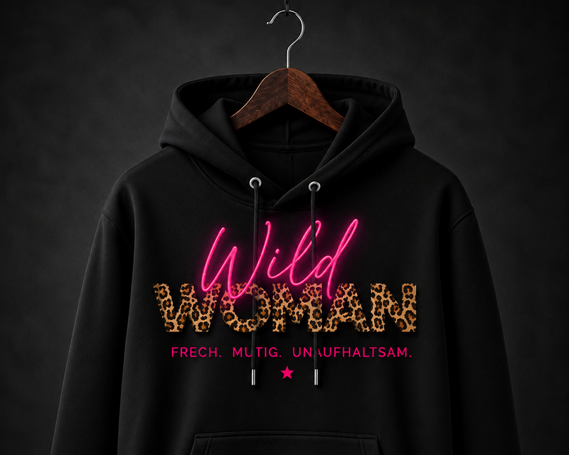 Schwarzer Hoodie für Frauen mit WILD WOMAN Statement in Neonpink und Leo-Optik auf dunklem Hintergrund.