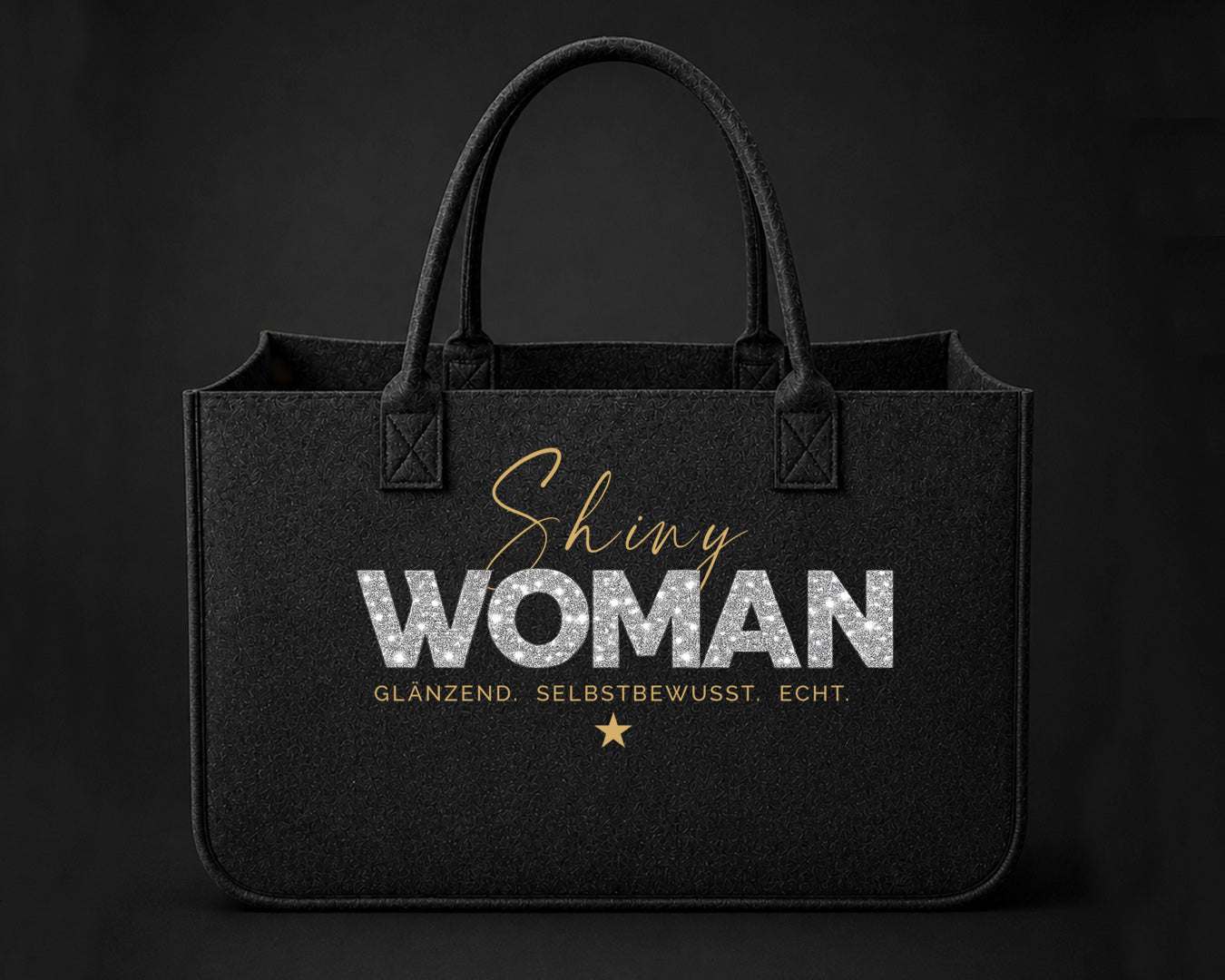 SHINY WOMAN Tasche von alle-KAPUTT mit silbernem Glitzer-Statement auf schwarzem Shopper.