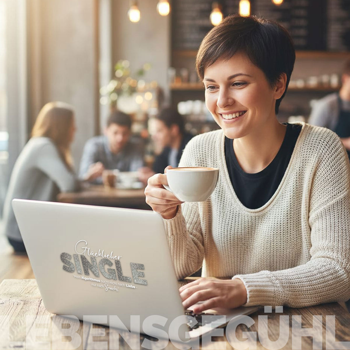 Frau im Café mit Kaffee und Laptop, darauf der Schriftzug „Glücklicher SINGLE – Mein Algorithmus sucht nicht nach Liebe, nur nach Snacks“. Warmes Licht, entspannte Szene. Teil der alle-KAPUTT.de Collection.
