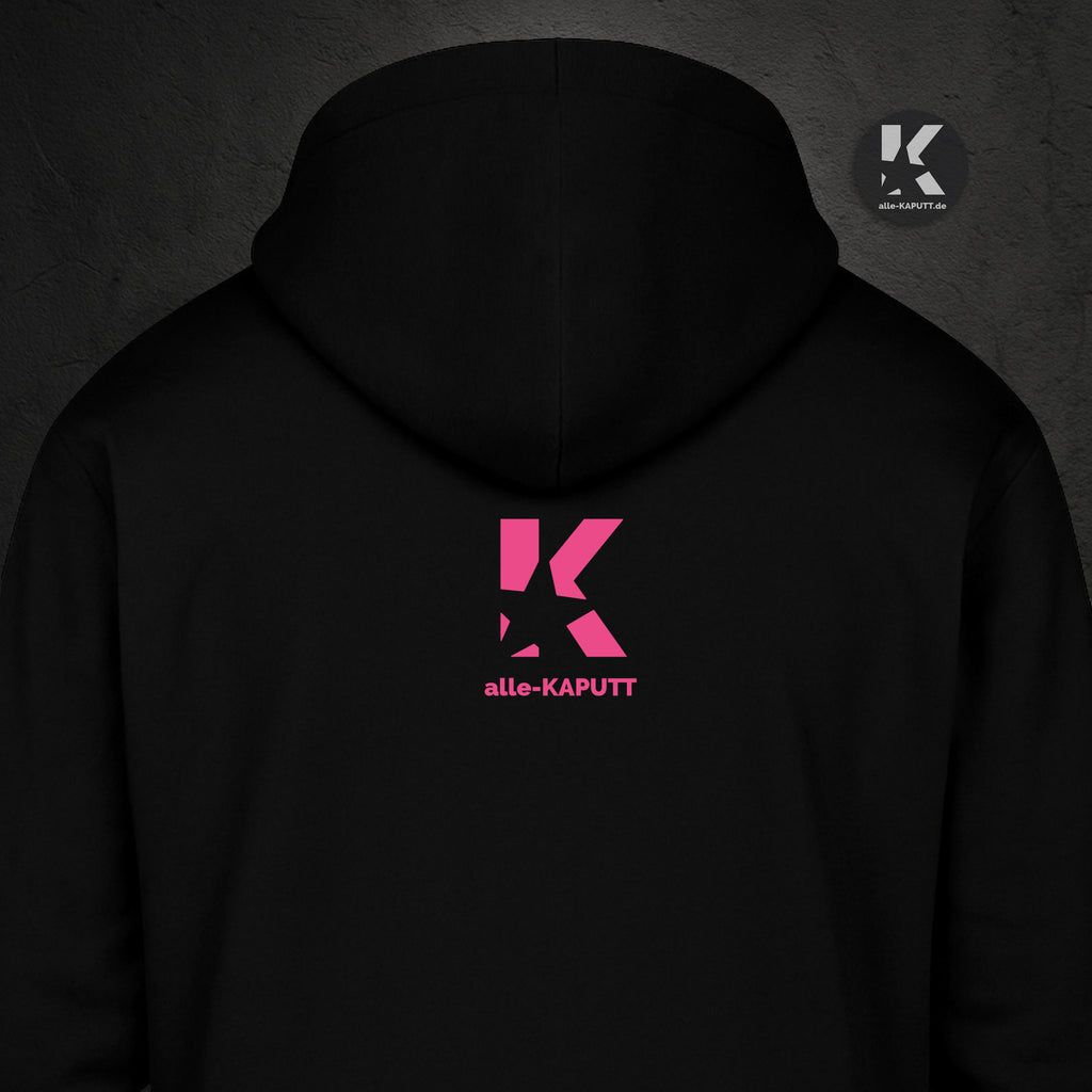Rückseite eines schwarzen alle-KAPUTT Hoodies mit pinkem K-Logo und Schriftzug. Detailansicht des Rückenprints der Wild-Single Collection.