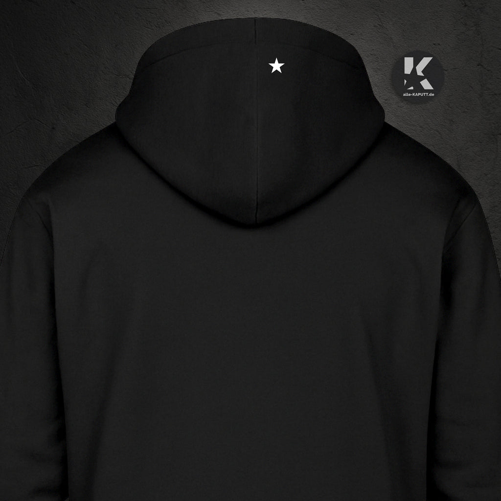 Rückansicht eines schwarzen Hoodies mit kleinem Stern-Detail im Nacken aus der First-Me-Collection von alle-KAPUTT