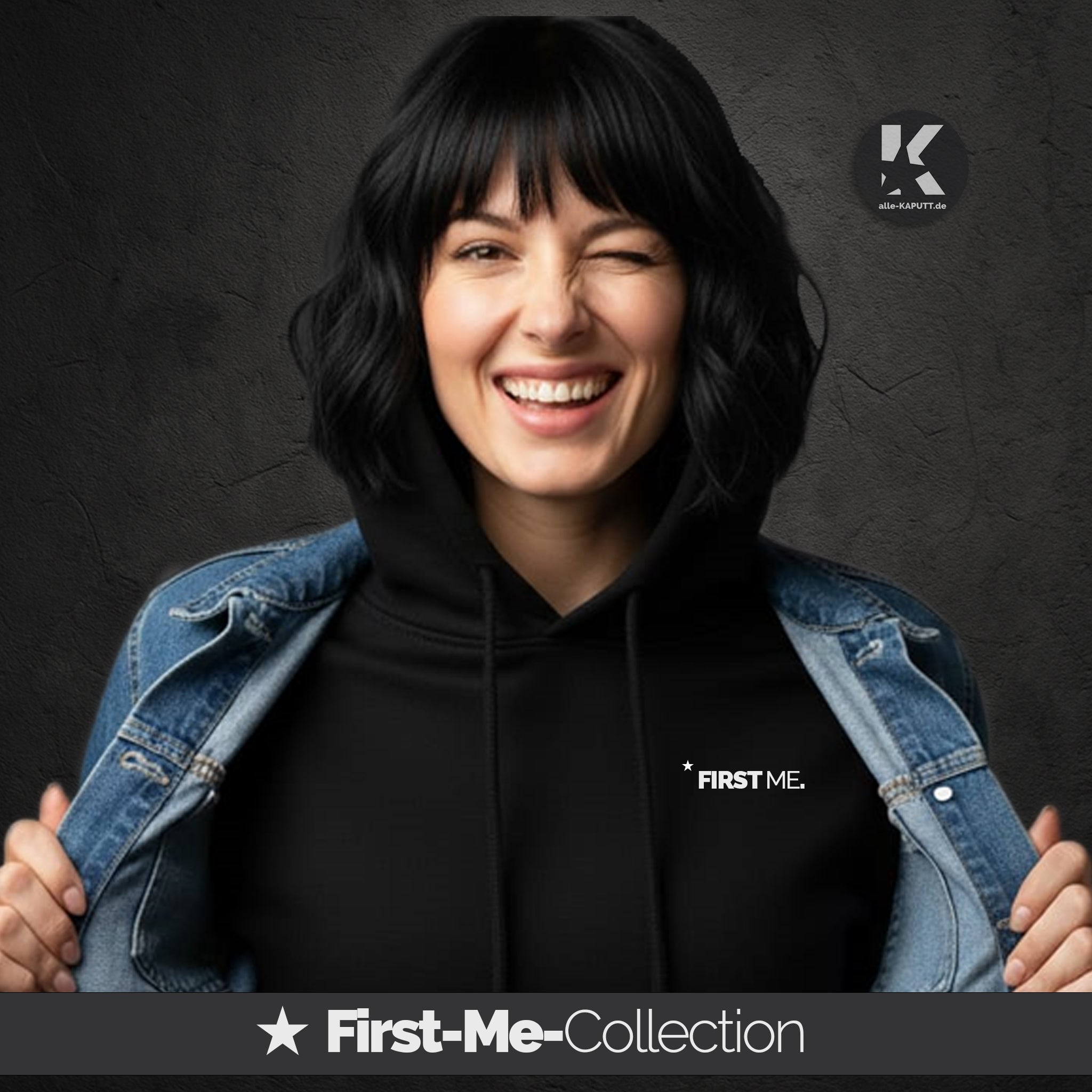 Schwarzer Hoodie mit Statement „FIRST ME.“ aus der First-Me-Collection von alle-KAPUTT, ruhiges Design mit minimalem Print