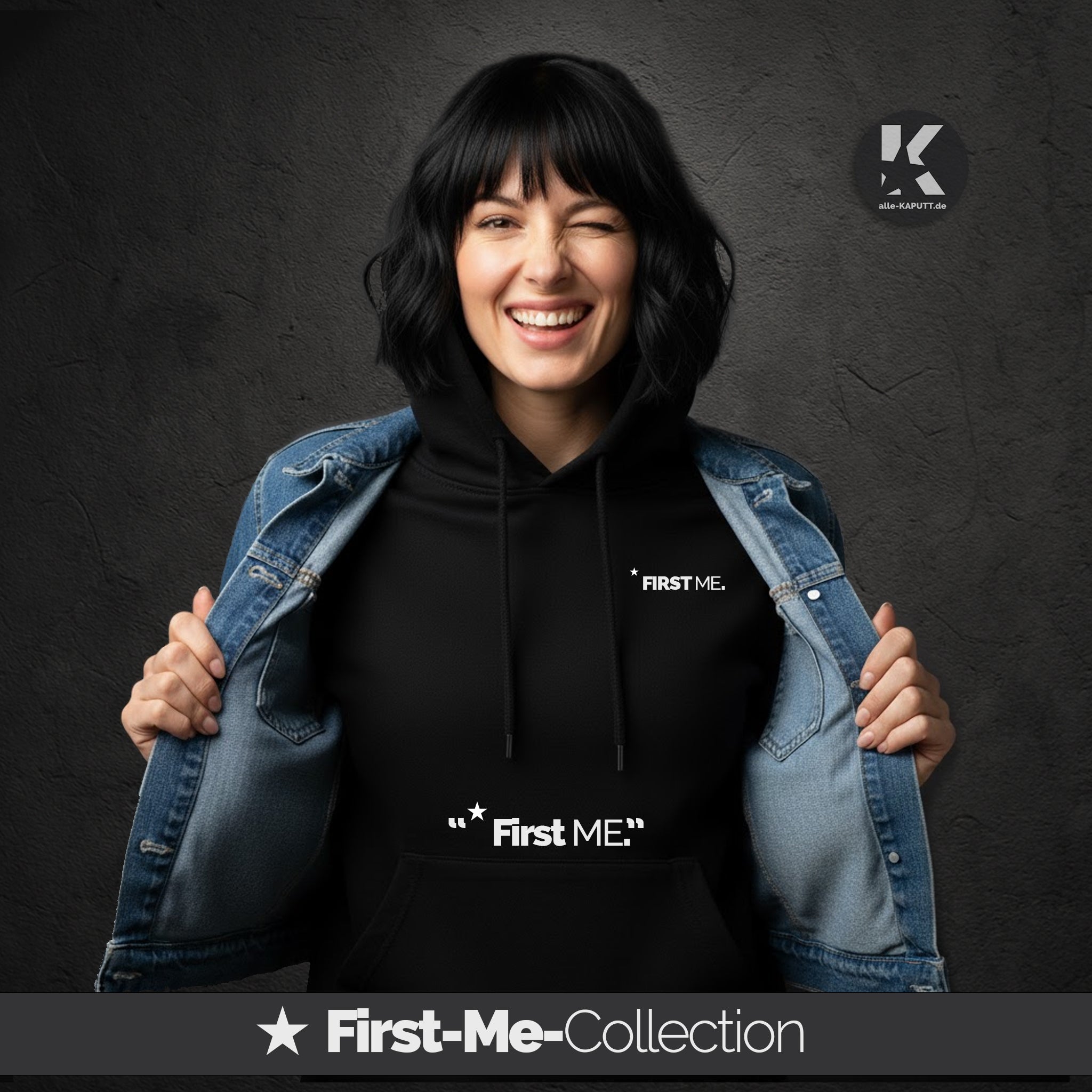 Schwarzer Hoodie mit Statement „FIRST ME.“ aus der First-Me-Collection von alle-KAPUTT, ruhiges Design mit minimalem Print
