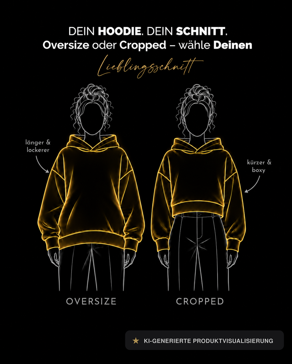 alle-KAPUTT Lieblingsschnitt: Hoodie Passformen Oversize und Cropped im Vergleich – länger und lockerer oder kürzer und boxy.
