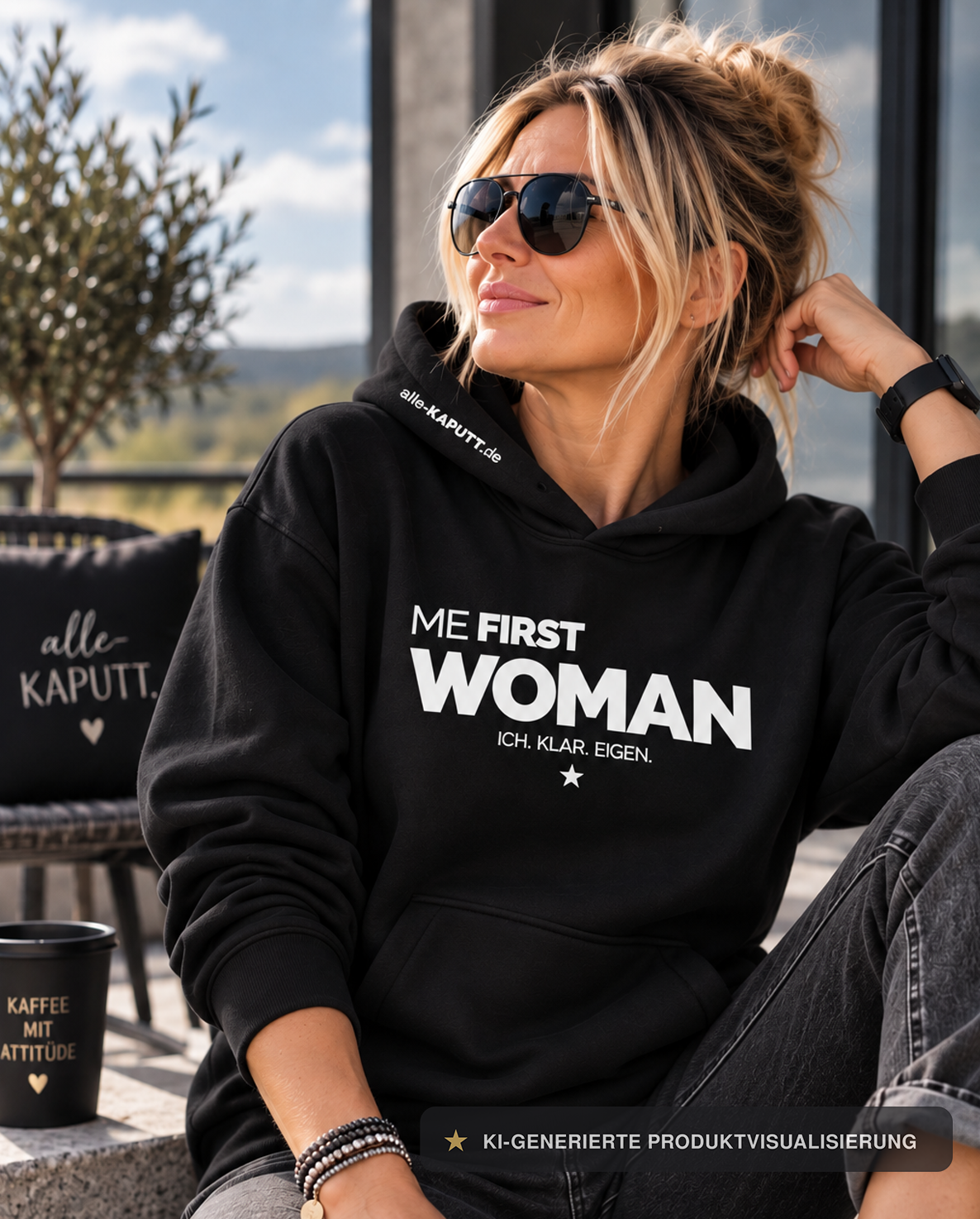 Blonde Frau mit Sonnenbrille trägt einen schwarzen ME FIRST WOMAN Hoodie ohne Kordeln und Ösen in moderner Outdoor-Kulisse. ICH. KLAR. EIGEN. | alle-KAPUTT