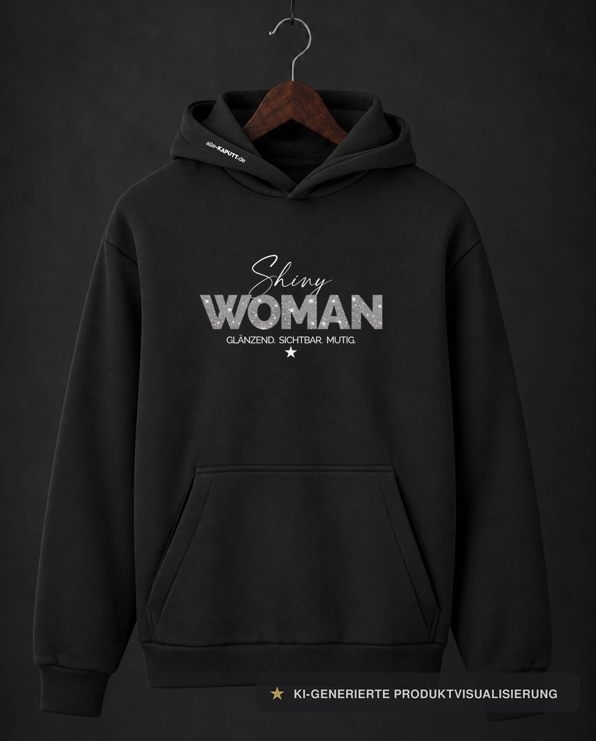 Schwarzer SHINY WOMAN Damen-Hoodie "GLÄNZEND. SICHTBAR. MUTIG." mit silbernem Glitzerprint und weißen Details von alle-KAPUTT – Vorderansicht Front_01