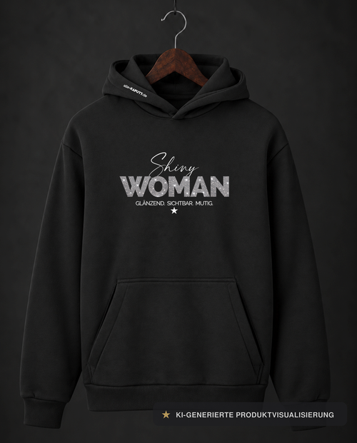 Schwarzer SHINY WOMAN Damen-Hoodie "GLÄNZEND. SICHTBAR. MUTIG." mit silbernem Glitzerprint und weißen Details von alle-KAPUTT – Vorderansicht Front_01