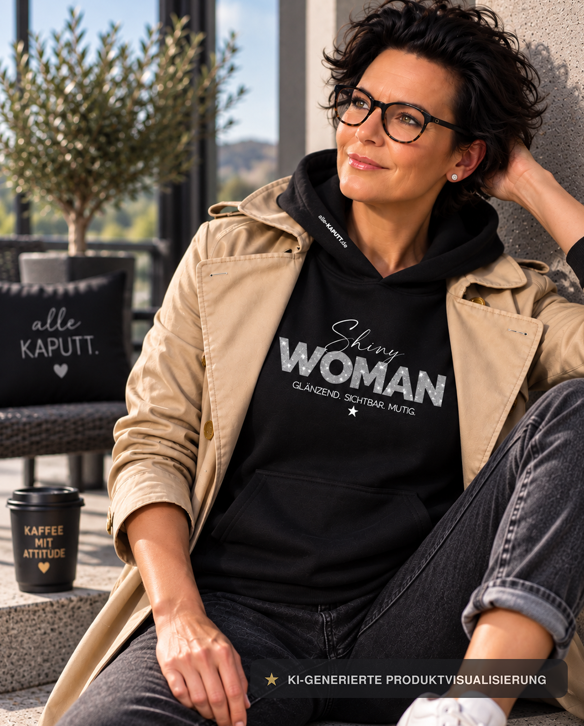 Frau im beigen Trenchcoat trägt einen schwarzen SHINY WOMAN Hoodie ohne Kordeln vor moderner Terrassenkulisse. GLÄNZEND. SICHTBAR. MUTIG. | alle-KAPUTT