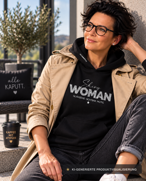 Frau im beigen Trenchcoat trägt einen schwarzen SHINY WOMAN Hoodie ohne Kordeln vor moderner Terrassenkulisse. GLÄNZEND. SICHTBAR. MUTIG. | alle-KAPUTT