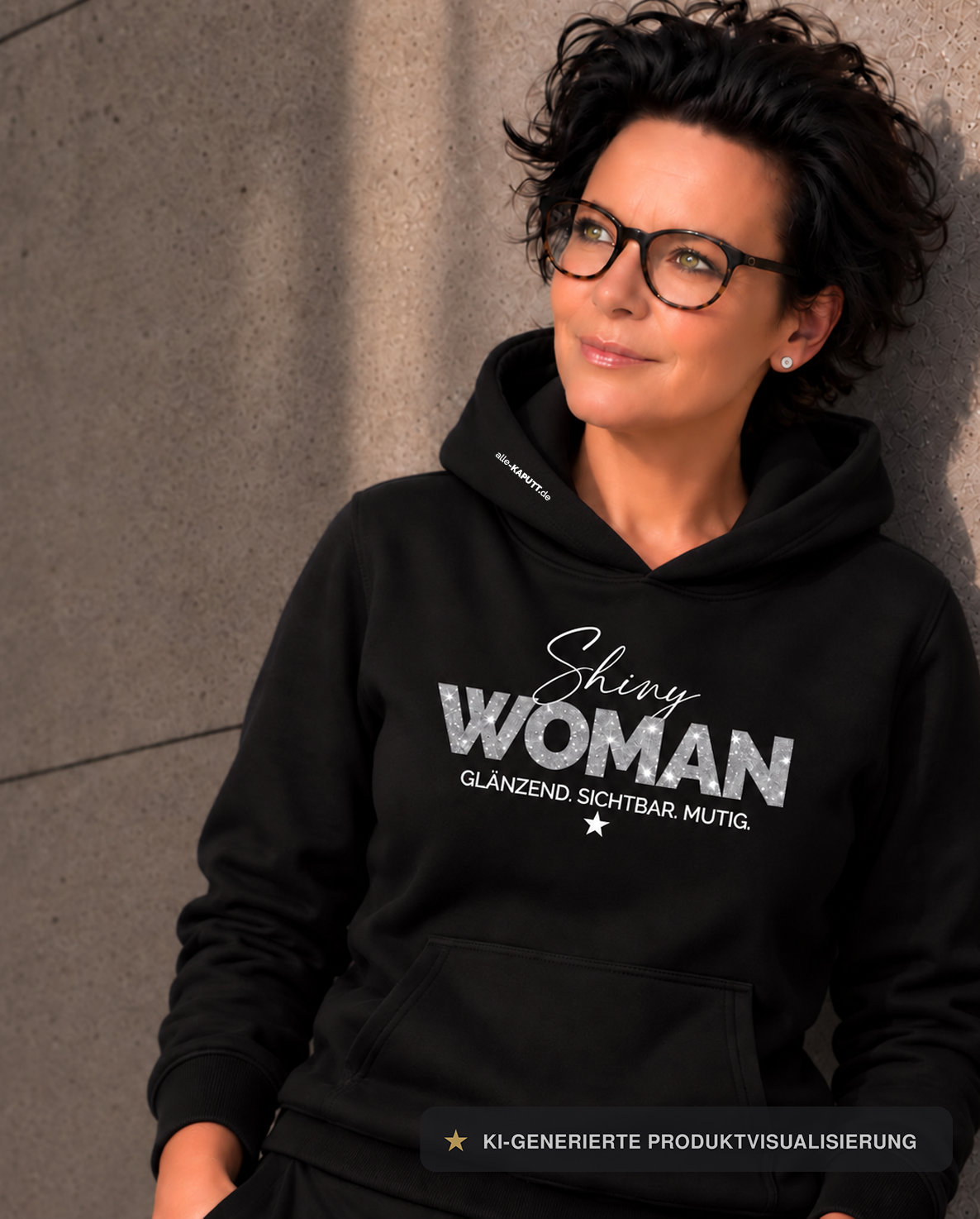 Frau trägt den schwarzen SHINY WOMAN Hoodie GLÄNZEND. SICHTBAR. MUTIG. mit silbernem Glitzerprint von alle-KAPUTT vor einer Betonwand_02