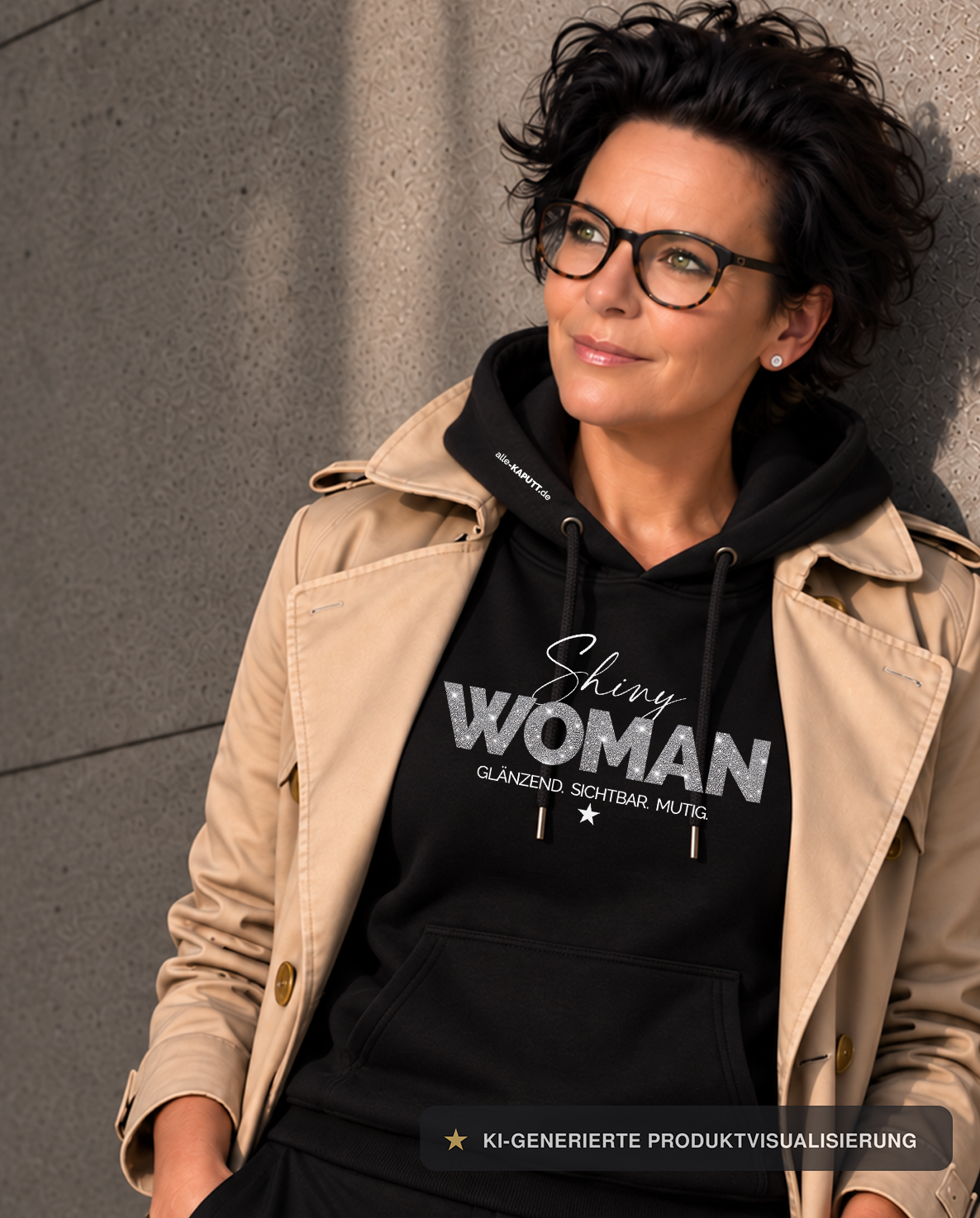 Frontansicht einer Frau im beigen Trenchcoat mit schwarzer SHINY WOMAN Kapuze und silber Glitzer GLÄNZEND. SICHTBAR. MUTIG. Print _01 | alle-KAPUTT