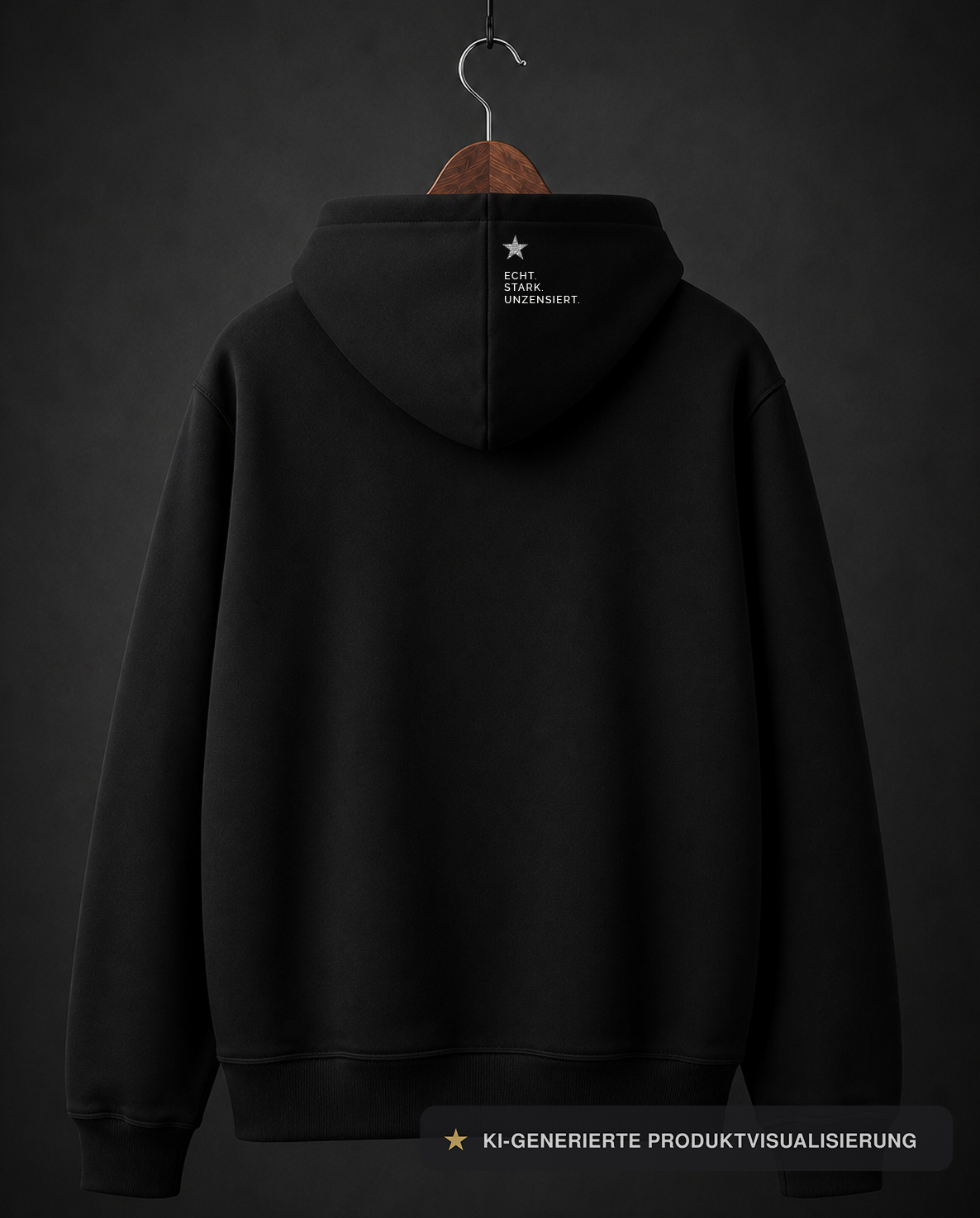 Rückansicht eines schwarzen SHINY WOMAN Hoodies "GLÄNZEND. SICHTBAR. MUTIG." am Kleiderbügel mit silbernem Stern und dem Schriftzug „ECHT. STARK. UNZENSIERT.“ auf der Kapuze. | alle-KAPUTT