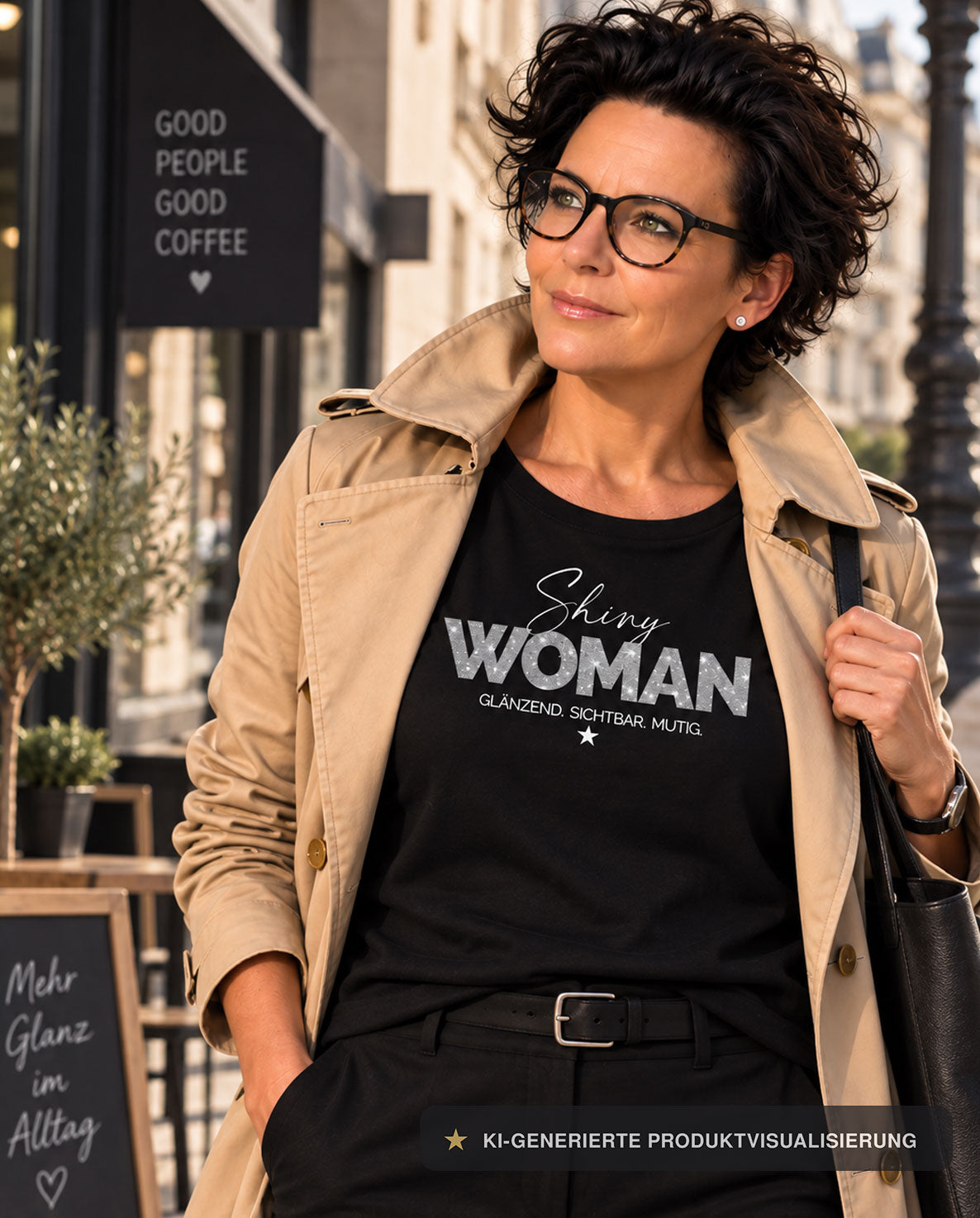 Frau im beigen Trenchcoat trägt ein schwarzes SHINY WOMAN Shirt mit silbernem Glitzerprint in urbaner Café-Kulisse.  GLÄNZEND. SICHTBAR. MUTIG. | alle-KAPUTT