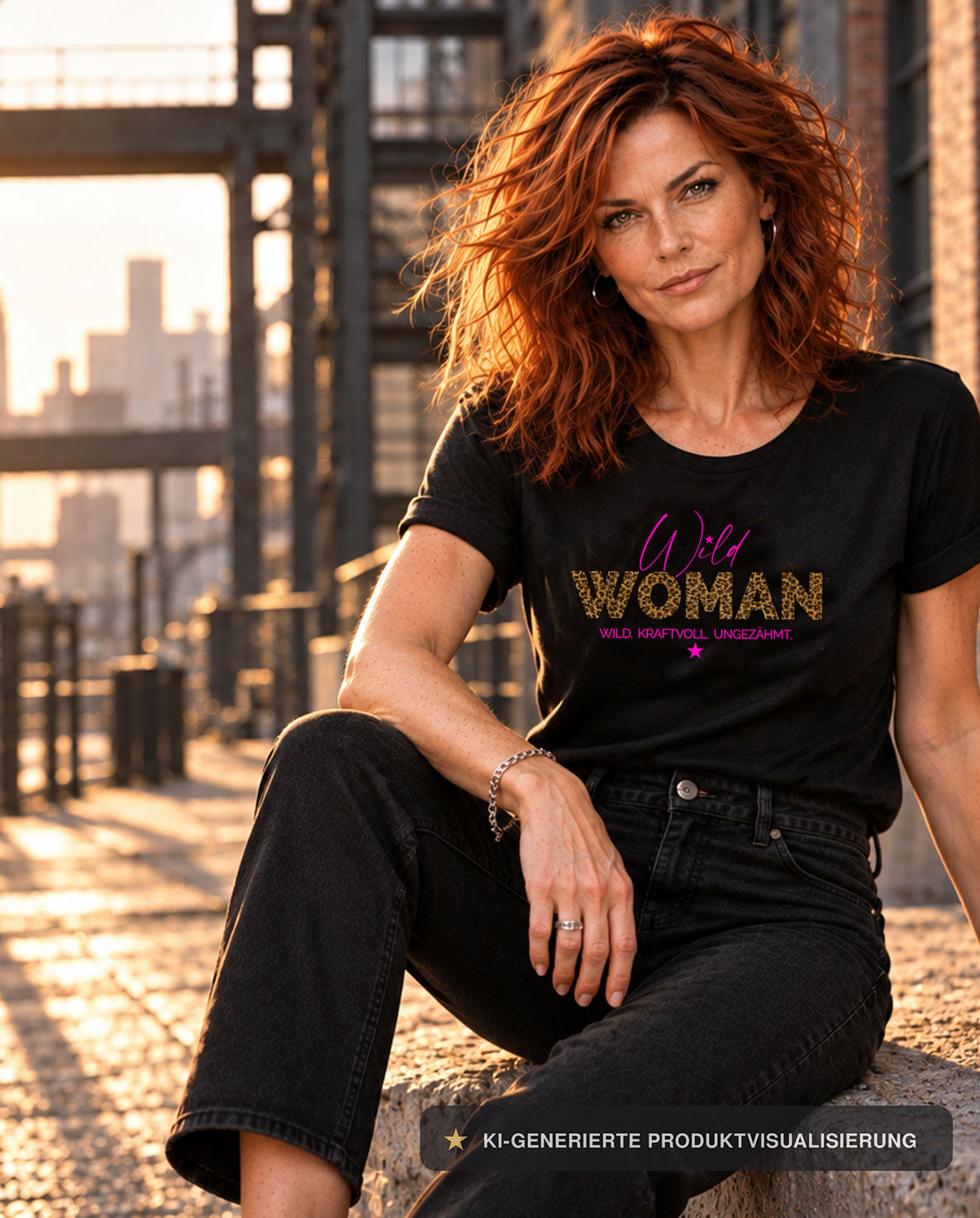 Rothaarige Frau im schwarzen WILD WOMAN Statement-Shirt sitzt selbstbewusst vor urbaner Industriekulisse im warmen Abendlicht. | WILD. KRAFTVOLL. UNGEZÄHMT. - alle-KAPUTT