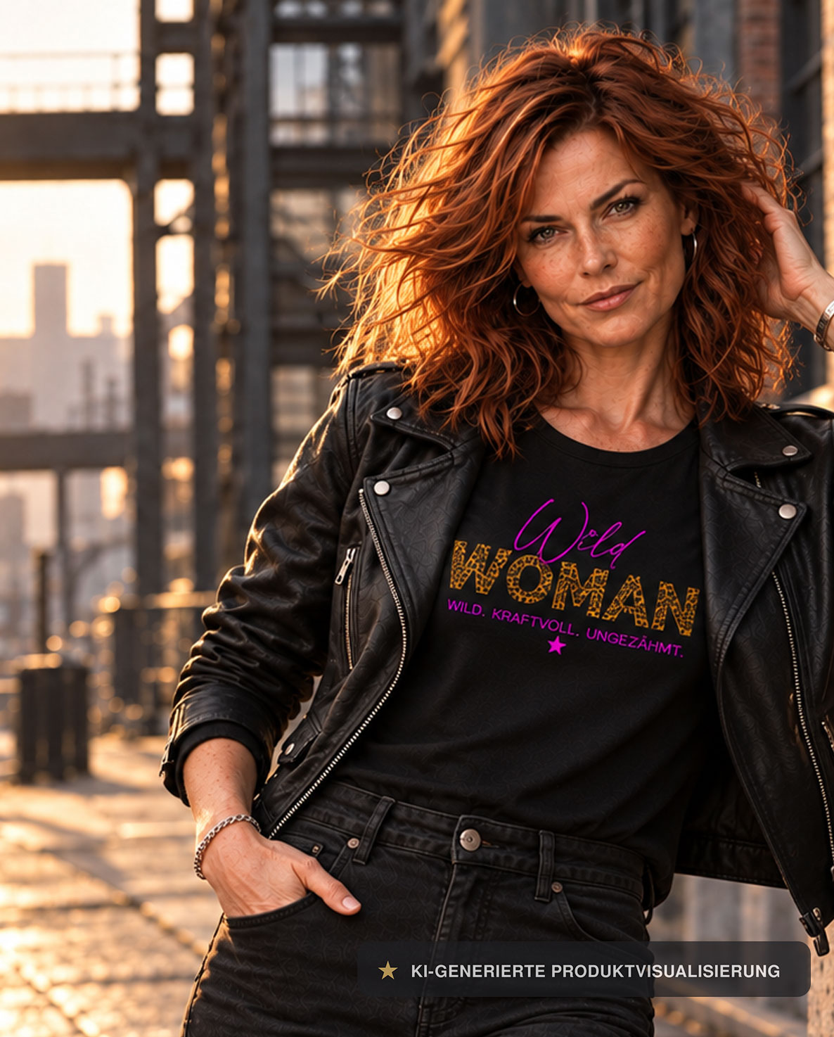 Rothaarige Frau trägt ein weißes WILD WOMAN Statement-Shirt mit Lederjacke vor urbaner Industriekulisse im warmen Abendlicht. | WILD. KRAFTVOLL. UNGEZÄHMT. - alle-KAPUTT