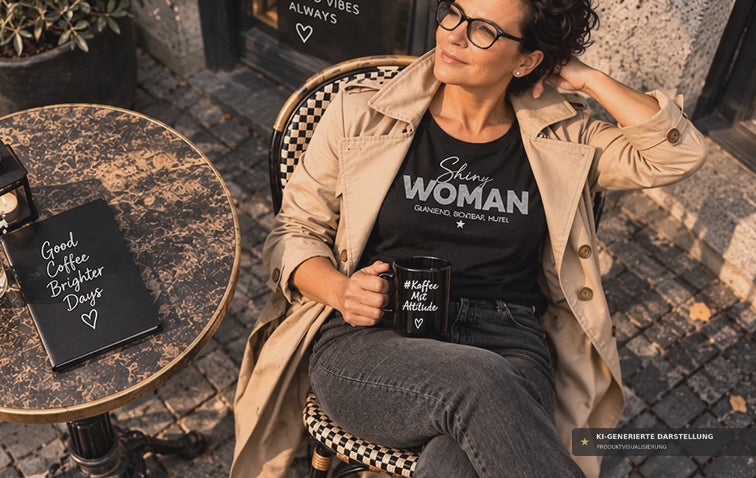 Frau im Café mit schwarzem SHINY WOMAN Statement-Shirt von alle-KAPUTT und Kaffeetasse #KaffeeMitAttitüde. GLÄNZEND. SICHTBAR. MUTIG.