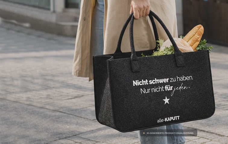 Frau im beigefarbenen Trenchcoat trägt eine schwarze Filztasche mit dem Statement „Nicht schwer zu haben. Nur nicht für jeden.“ und alle-KAPUTT Logo.