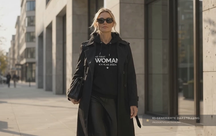 Selbstbewusste Frau mit Sonnenbrille läuft im schwarzen ME FIRST WOMAN Hoodie mit dem Claim „ICH. KLAR. EIGEN.“ durch eine moderne Stadt. | alle-KAPUTT
