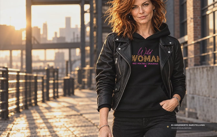Schwarzer Premium Statement Hoodie für Frauen von alle-KAPUTT mit Leoprint und PINK  WILD WOMAN Schriftzug – bequemer Oversized-Schnitt. WILD. KRAFTVOLL. UNGEZÄHMT.
