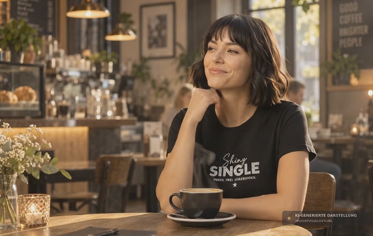 Frau mit dunklem Bob sitzt im Café und trägt ein schwarzes SHINY SINGLE T-Shirt mit silbernem Statement-Print.
FRECH. FREI. UNGEBUNDEN: | alle-KAPUTT 