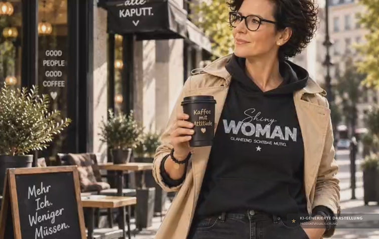 Frau im beigen Trenchcoat trägt einen schwarzen SHINY WOMAN Hoodie mit silbernem Glitzerprint und hält einen Kaffeebecher vor einem urbanen Café.  Glänzend. Sichtbar. Mutig | alle-KAPUTT